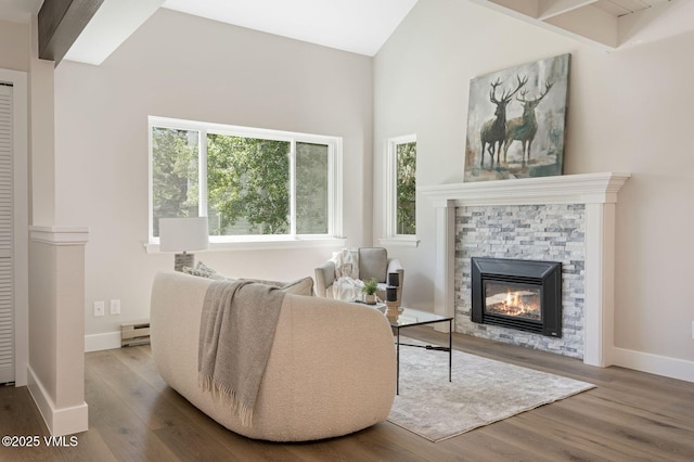 living area featuring baseboard heating, wood finished floors, a wealth of natural light, and a stone fireplace