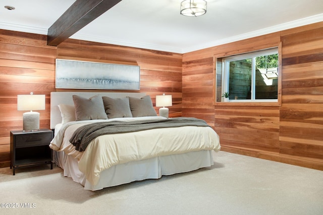 bedroom with crown molding, carpet flooring, wood walls, and beam ceiling