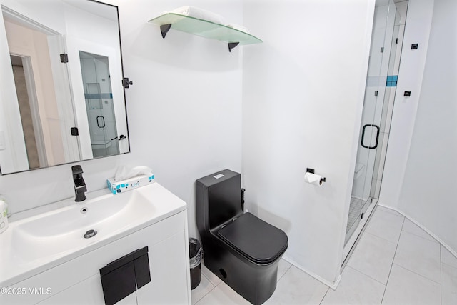 bathroom with tile patterned flooring, a shower stall, toilet, and vanity