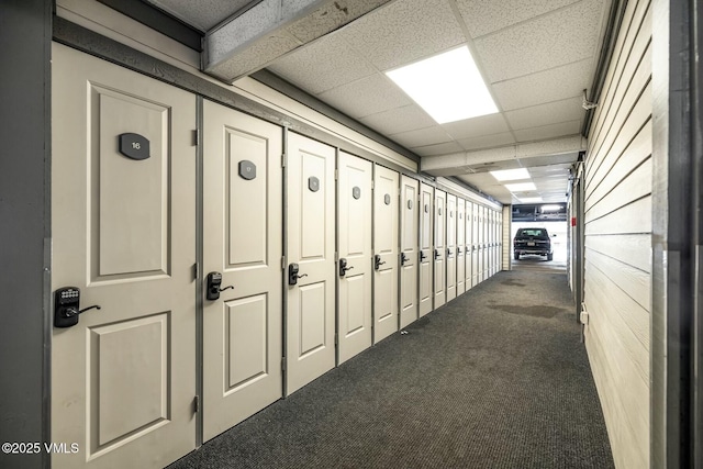 corridor with a drop ceiling and carpet flooring