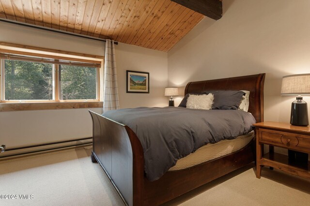 carpeted bedroom with vaulted ceiling with beams, wood ceiling, and a baseboard radiator