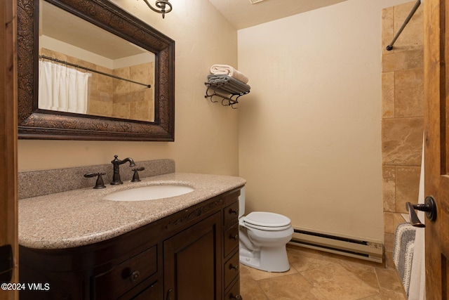 bathroom with vanity, toilet, baseboard heating, and walk in shower