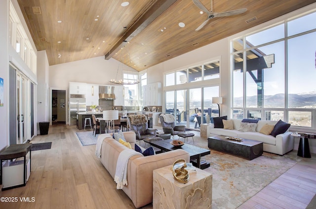 2682 E Haystacker Dr, Eagle, CO 81631 - living area featuring high vaulted ceiling, light wood-style floors, a wooden ceiling with exposed beams, ceiling fan, and a mountain view