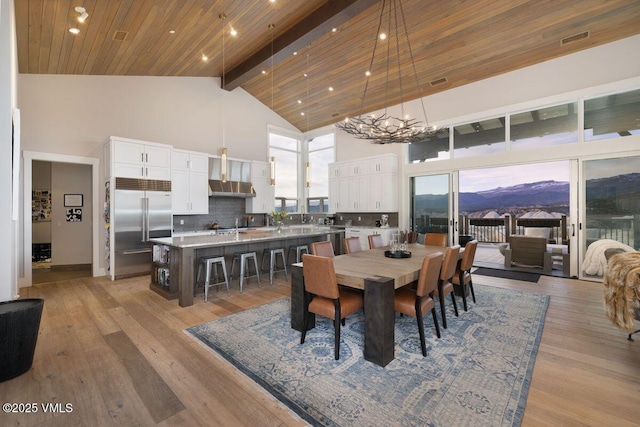 2682 E Haystacker Dr, Eagle, CO 81631 - dining area with a chandelier, high vaulted ceiling, light wood-style floors, a mountain view, and beamed ceiling