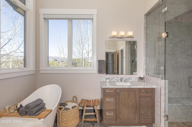 2682 E Haystacker Dr, Eagle, CO 81631 - full bath with a shower stall, a freestanding tub, vanity, and healthy amount of natural light