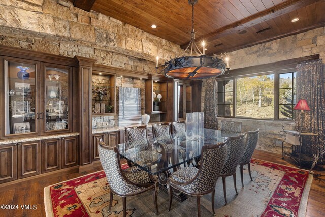 dining area with beamed ceiling, dark wood-type flooring, and wood ceiling