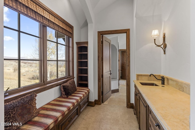 bathroom featuring vaulted ceiling and sink