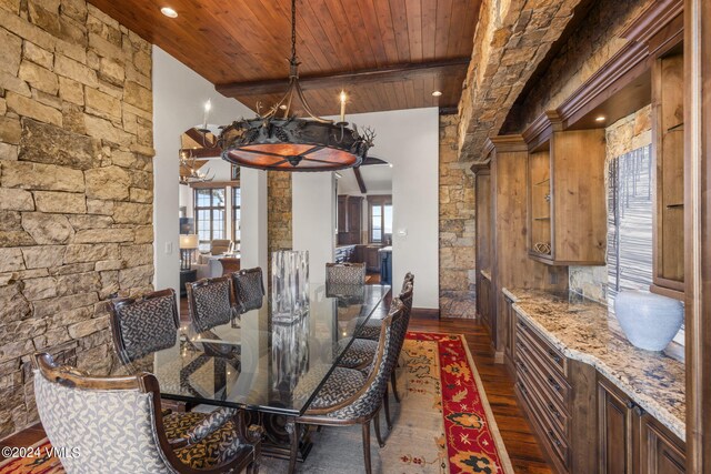 unfurnished dining area with wood ceiling, dark hardwood / wood-style flooring, and beam ceiling