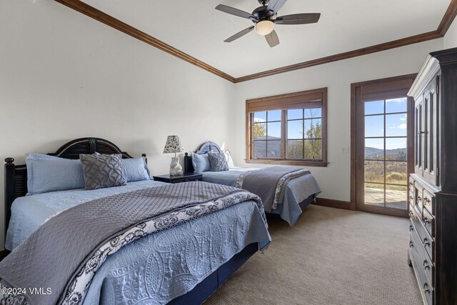 carpeted bedroom with crown molding, access to outside, and ceiling fan