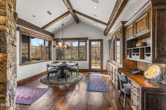 dining area with a chandelier, a wealth of natural light, dark hardwood / wood-style floors, and beamed ceiling