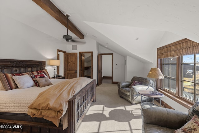 bedroom with ceiling fan, light colored carpet, and vaulted ceiling with beams