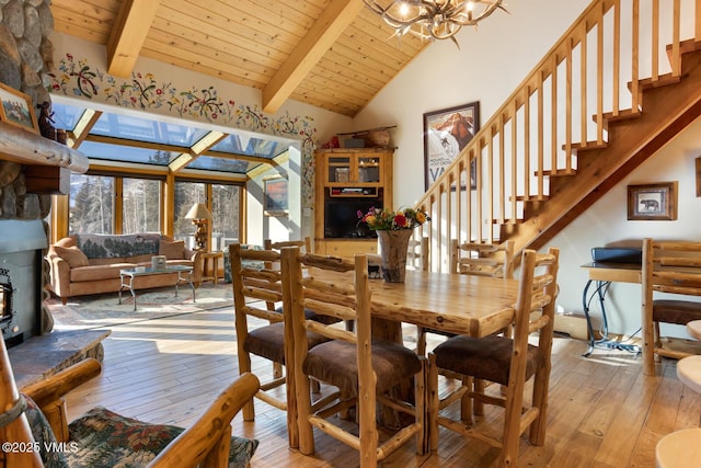 dining space with light hardwood / wood-style flooring, an inviting chandelier, beam ceiling, high vaulted ceiling, and wooden ceiling