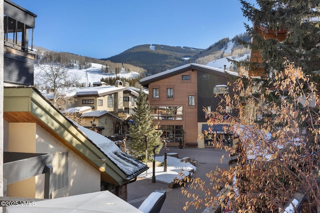 snow covered building with a mountain view