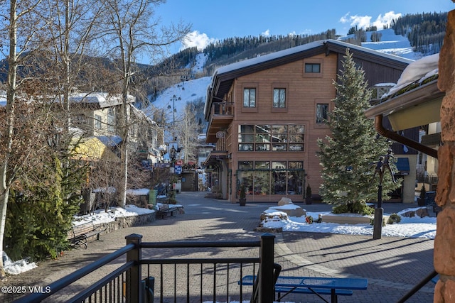 snow covered property with a mountain view