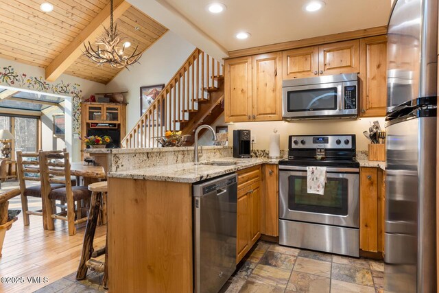 kitchen with a kitchen bar, sink, hanging light fixtures, kitchen peninsula, and stainless steel appliances