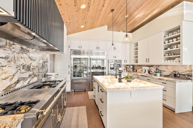 1268 Paintbrush, Avon, CO 81620 - kitchen featuring open shelves, stainless steel appliances, wall chimney range hood, wood ceiling, and tasteful backsplash
