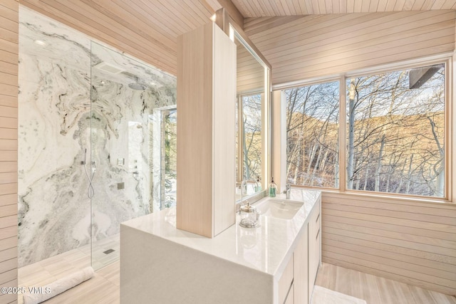 bathroom with a shower, a healthy amount of sunlight, sink, and wooden walls