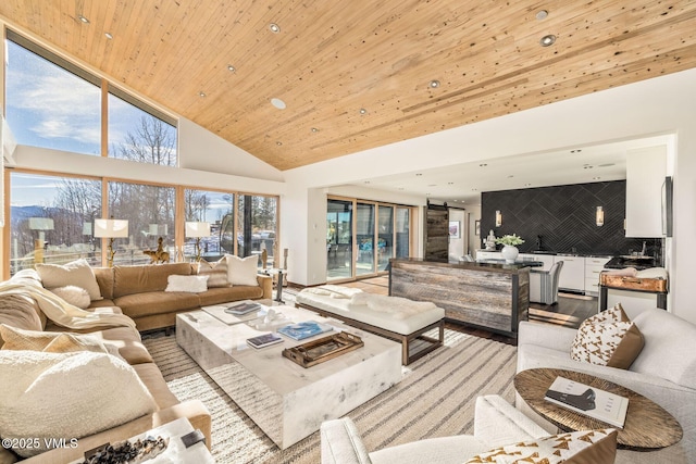 living room with light wood-type flooring, wooden ceiling, and high vaulted ceiling