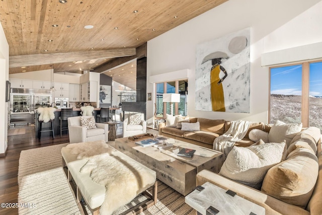 living room with high vaulted ceiling, beam ceiling, wood-type flooring, and wooden ceiling