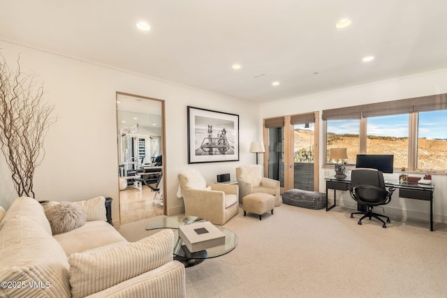 living room with ornamental molding