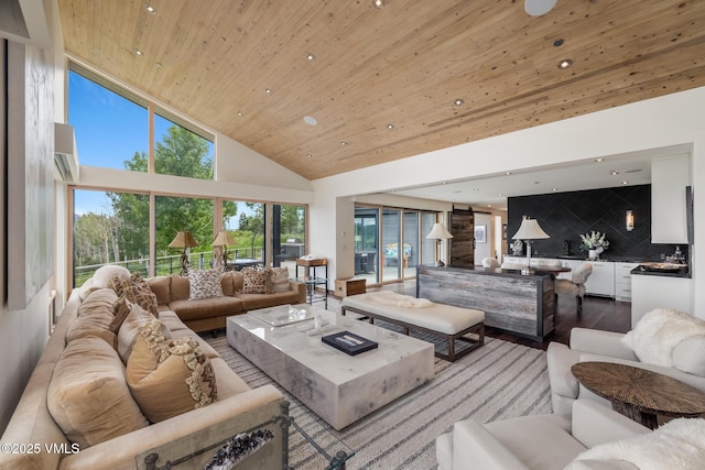1268 Paintbrush, Avon, CO 81620 - living area featuring wooden ceiling, light wood-style floors, high vaulted ceiling, recessed lighting, and a wall unit AC