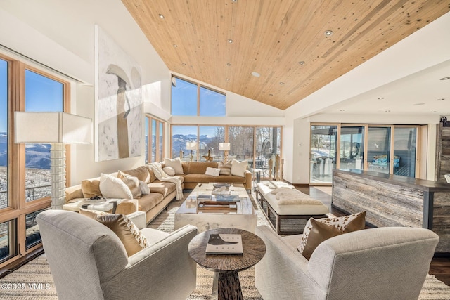 living room featuring wood ceiling, wood-type flooring, and high vaulted ceiling