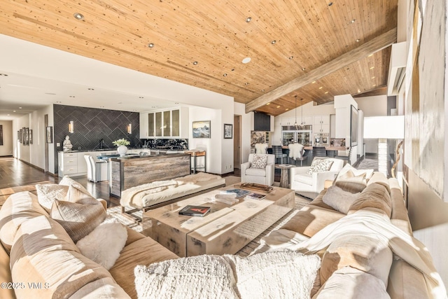 living room featuring vaulted ceiling with beams, wood ceiling, and wood-type flooring