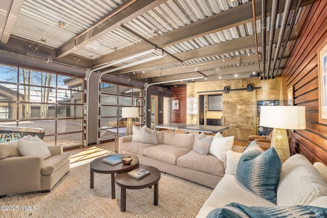 living room with a barn door