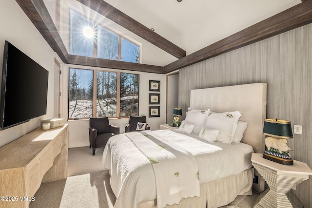 bedroom with light carpet and beam ceiling