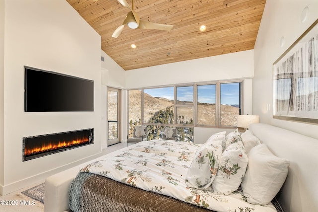 bedroom featuring ceiling fan, high vaulted ceiling, and wooden ceiling