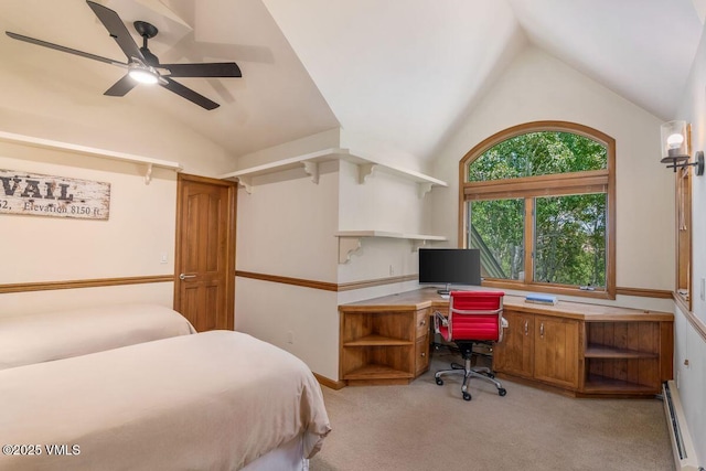 225 Eagle Crest Rd, Edwards, CO 81632 - bedroom with vaulted ceiling, a baseboard heating unit, light colored carpet, an office area, and ceiling fan