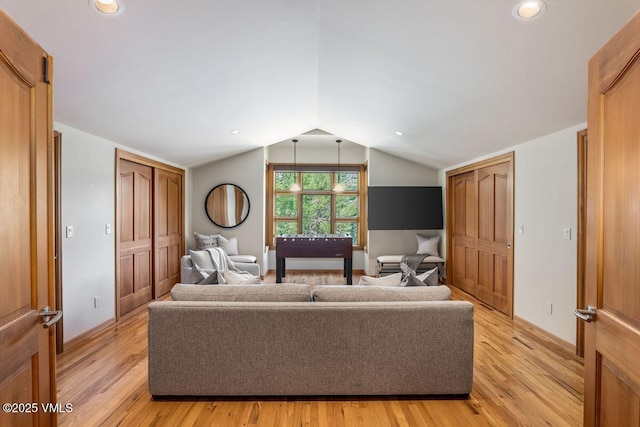 225 Eagle Crest Rd, Edwards, CO 81632 - living area with light wood-style flooring, lofted ceiling, and recessed lighting