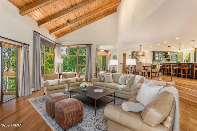 225 Eagle Crest Rd, Edwards, CO 81632 - living area featuring a wooden ceiling with exposed beams, high vaulted ceiling, wood finished floors, and a baseboard radiator