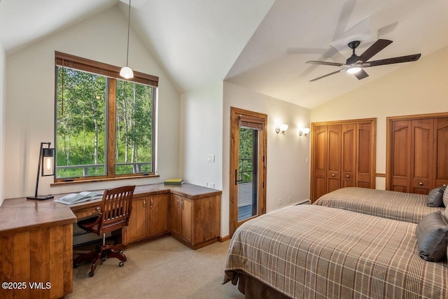 225 Eagle Crest Rd, Edwards, CO 81632 - bedroom featuring vaulted ceiling, light carpet, a desk, access to outside, and two closets