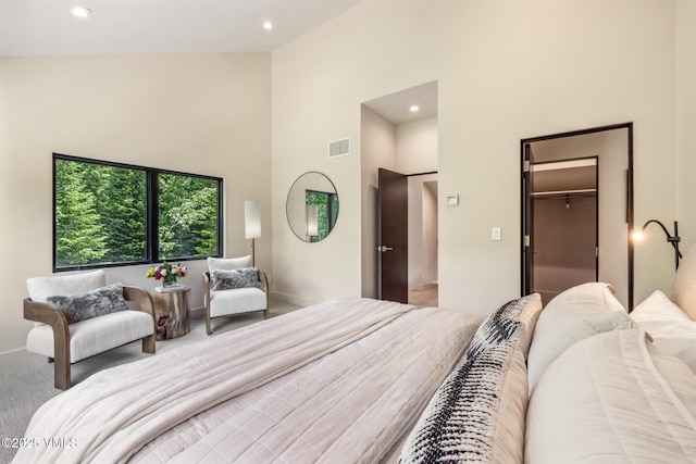 5074 Main Gore Dr S Unit B, Vail, CO 81657 - carpeted bedroom featuring high vaulted ceiling, recessed lighting, and a spacious closet