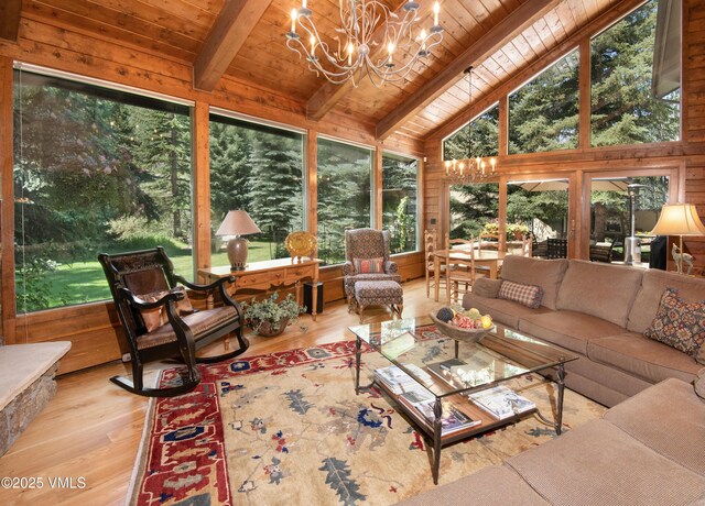 4030 Bighorn Rd Lot 1-B, Vail, CO 81657 - sunroom / solarium with wood ceiling with exposed beams, wood finished floors, a chandelier, wooden walls, and a deck