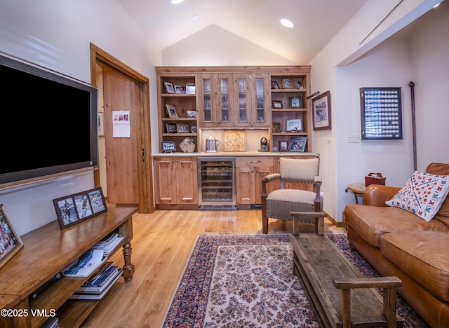 4030 Bighorn Rd Lot 1-B, Vail, CO 81657 - indoor dry bar with wine cooler, vaulted ceiling, light wood-style flooring, and recessed lighting
