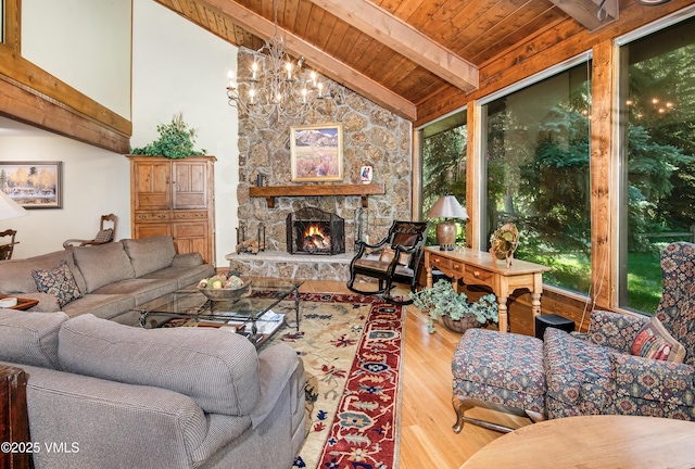 4030 Bighorn Rd Lot 1-B, Vail, CO 81657 - living area with wood finished floors, plenty of natural light, wood ceiling, a chandelier, and a stone fireplace