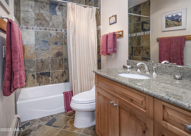 4030 Bighorn Rd Lot 1-B, Vail, CO 81657 - bathroom featuring a baseboard radiator, vanity, shower / tub combo, toilet, and stone finish floors
