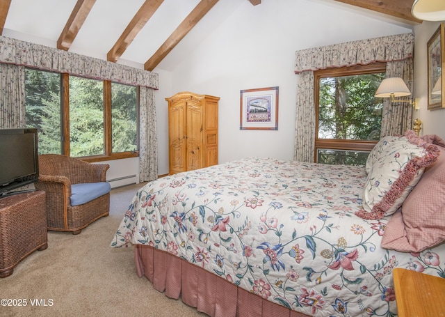 4030 Bighorn Rd Lot 1-B, Vail, CO 81657 - carpeted bedroom with a baseboard radiator, beamed ceiling, and high vaulted ceiling