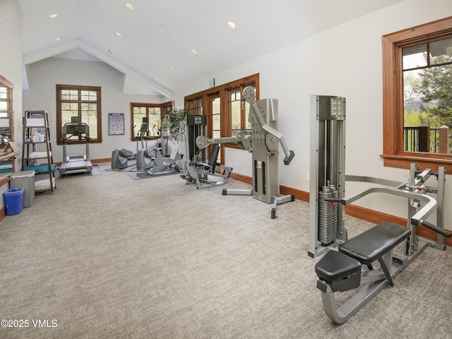 320 Hummingbird Dr Unit A201, Avon, CO 81620 - gym with carpet flooring, recessed lighting, lofted ceiling, and french doors