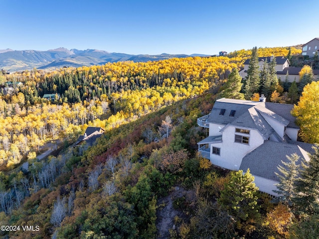 drone / aerial view featuring a mountain view and a wooded view