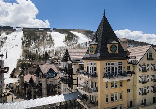 view of snow covered building