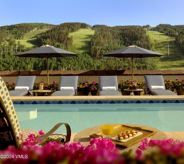 view of swimming pool featuring a mountain view