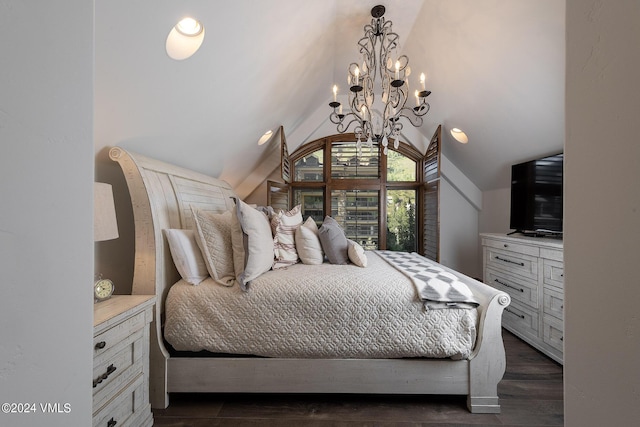 bedroom featuring lofted ceiling and dark wood-type flooring