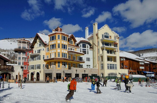 view of snow covered building