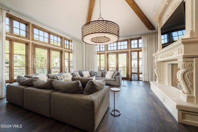 living room with french doors, dark wood-type flooring, high vaulted ceiling, and beamed ceiling