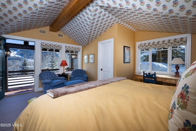 bedroom with access to exterior, lofted ceiling with beams, and visible vents