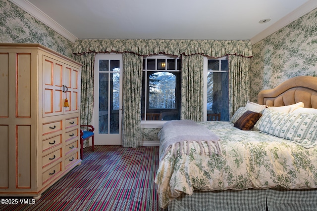 bedroom featuring dark colored carpet, access to outside, crown molding, and wallpapered walls