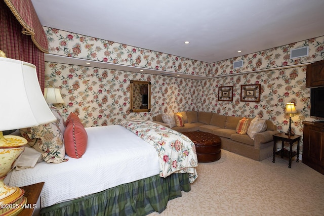 bedroom featuring recessed lighting, carpet flooring, and wallpapered walls